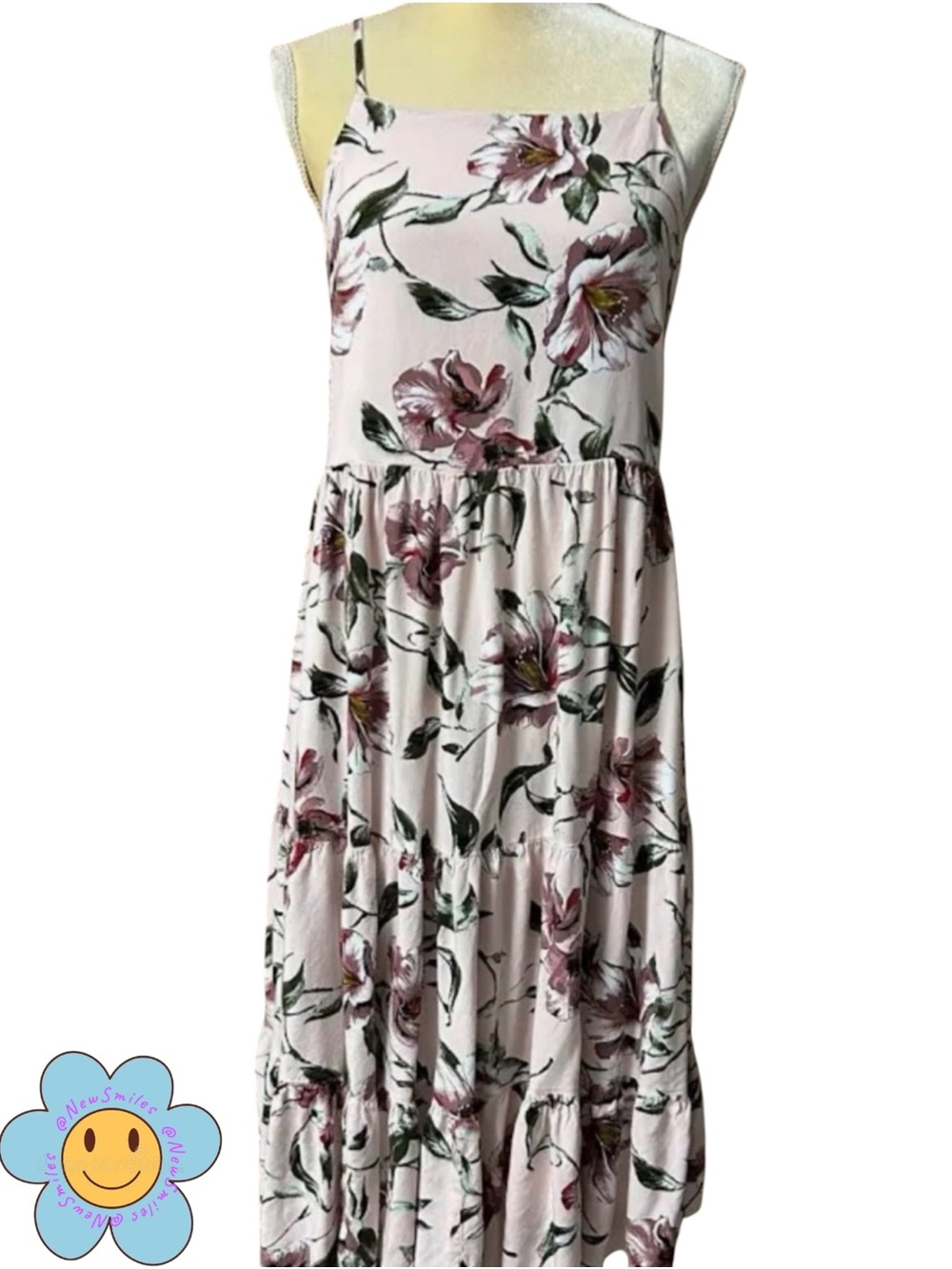 Pink Floral ~ Midi Dress ~ Adjustable Lace-up Back & Straps ~ Sz Large